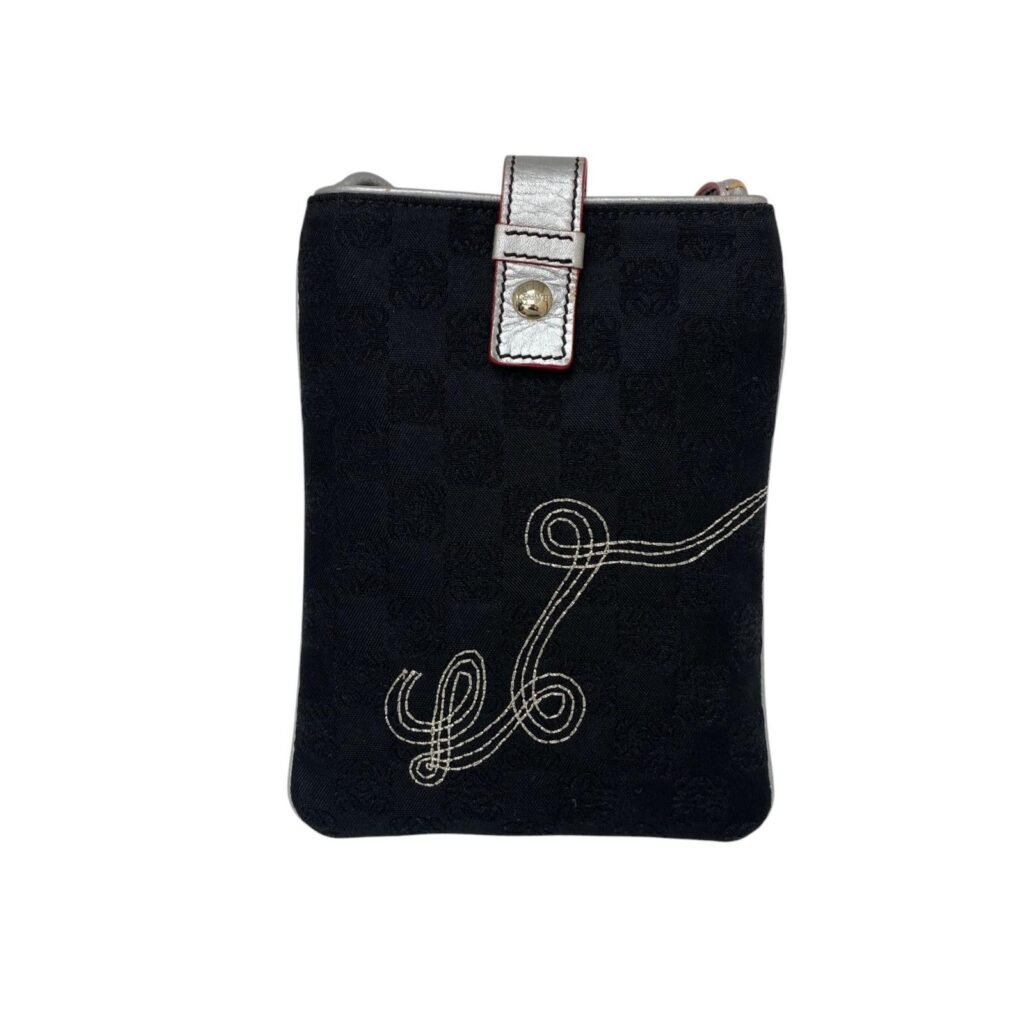 LOEWE 羅意威 Black Canvas Embroidered Anagram Crossbody Bag 黑色帆布刺綉斜揹袋-267018948